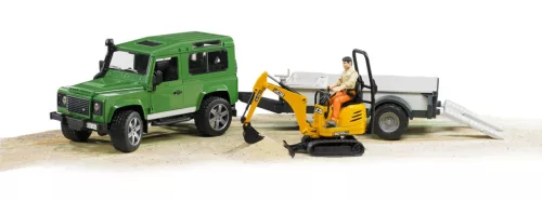 02593 BRUDER Land Rover Defender - vontatmánnyal, JCB mikro kotrógéppel