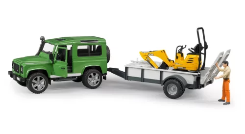 02593 BRUDER Land Rover Defender - vontatmánnyal, JCB mikro kotrógéppel