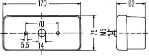 2BE002582031 Hella Villogó szélességjelző lámpa 170x75x62 mm,csavaros rögzítés, téglalap, R5W/P21W, 12 V, IP5K9K