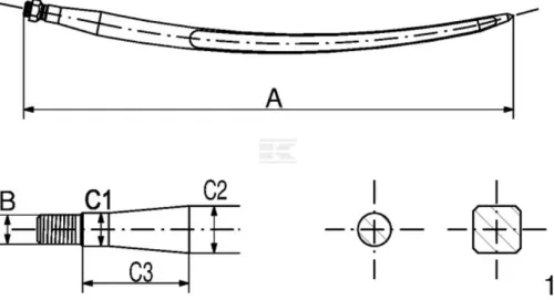 519360020 Kramp Bálatüske, hajlított, négylapú, 35,5x585 mm, hegyes, M20x1,5 mm-es anyával, piros