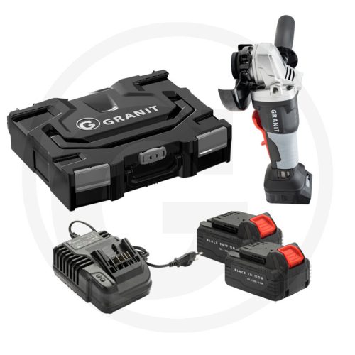 7306020 GRANIT BLACK EDITION Akkus sarokcsiszoló - 2 db 18 V 4,0 Ah lítiumion-akkumulátort és 1 db akkumulátortöltőt tartalmaz