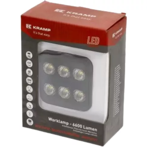 LA10830 KRAMP LED-es munkalámpa, 60 W, 6600 lm, négyszögletes, 12/24 V, fehér, 92x109,5x51,1 mm, Deutsch csatlakozós, széles sugarú, 12 LED-es