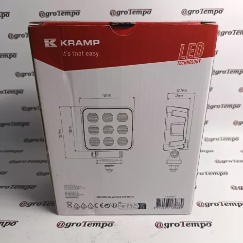 LA10833 KRAMP LED-es munkalámpa, 90 W, 6800 lm, négyszögletes, 12/24 V, fehér, 108x120,7x52,7 mm, Deutsch csatlakozós, reflektor, 18 LED-es