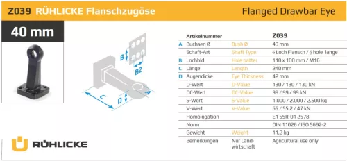 OC40F61-995653 Rühlicke Vonószem vonószem Ø40 mm, 6 furatos, 110×100 mm, 130 kN, E1 55R-012578