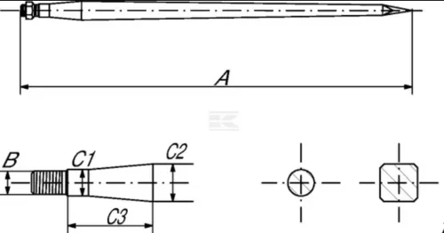 RT1KR Kramp bálatüske, egyenes, dupla T-profil 36x1100mm, hegyes csúcs M22x1,5mm-es anyával, fekete színű