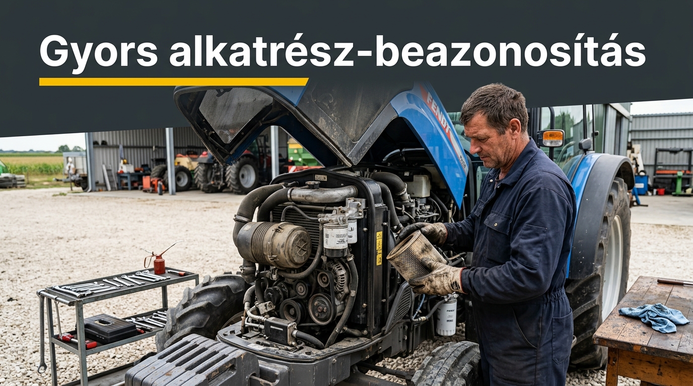 Gazdálkodó egy mezőgazdasági gép kiszerelt szűrőjének azonosító adatait ellenőrzi